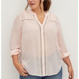 Torrid Womens 1X Chiffon Clip Dot Sheer Pink Button Down With Lace Inset Pastel